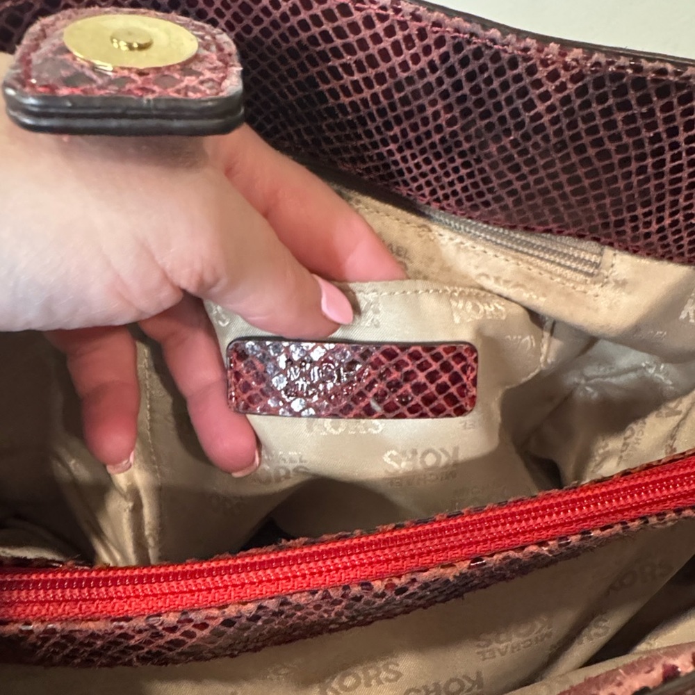 Michael Kors Large Red & Black Python Embossed Leather Satchel - Gold HW - Picture 13 of 16